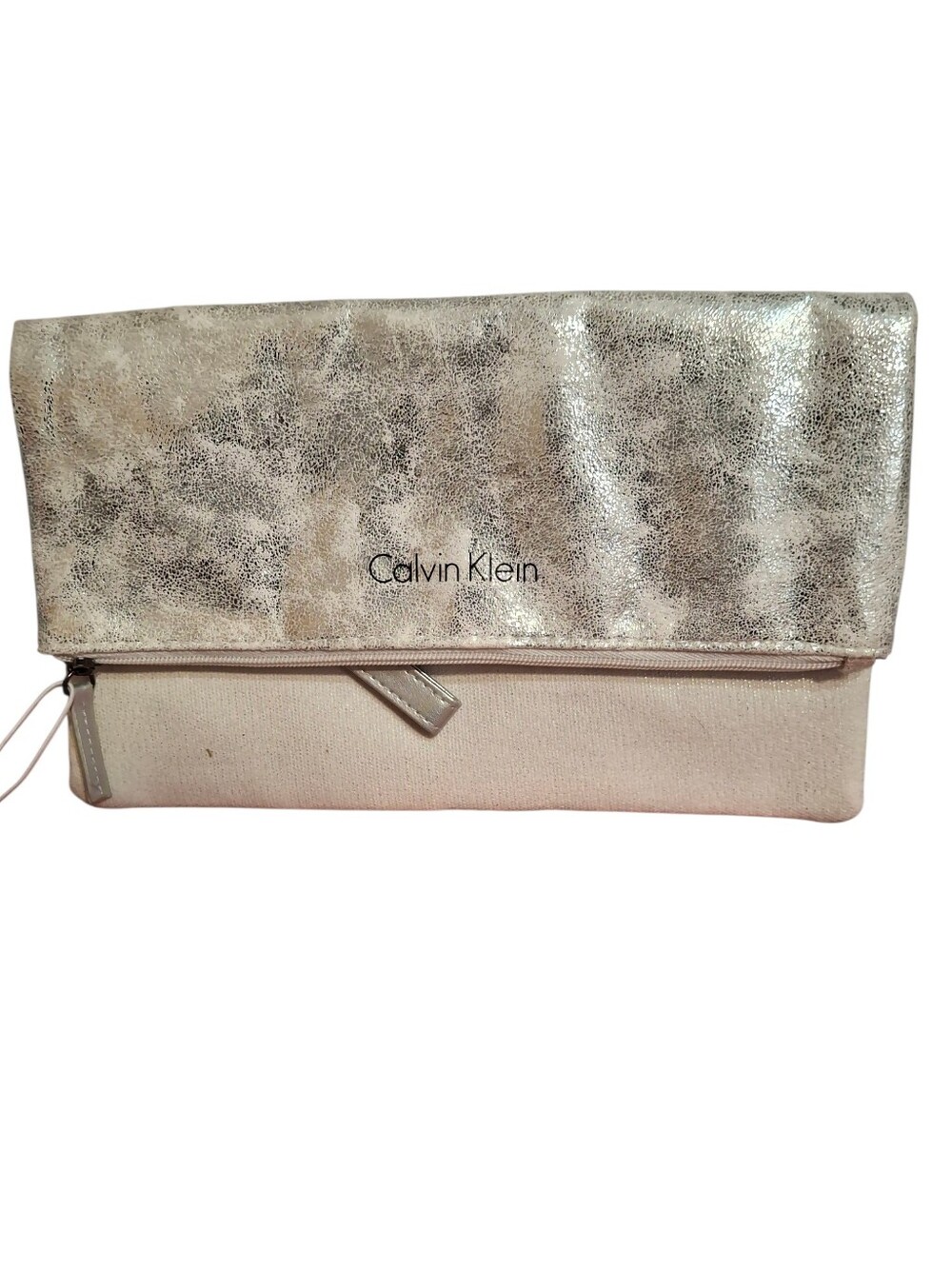 Calvin Klein fold-over cream and silver zippered pouch NWT